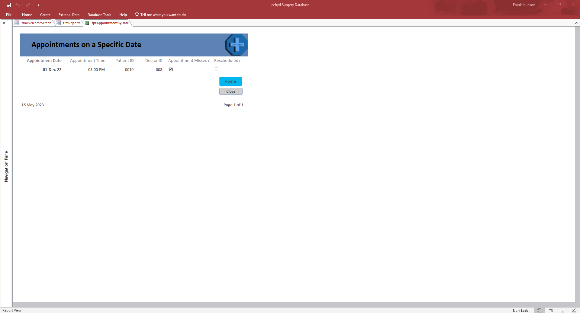 report of missed appointments filtered by date input